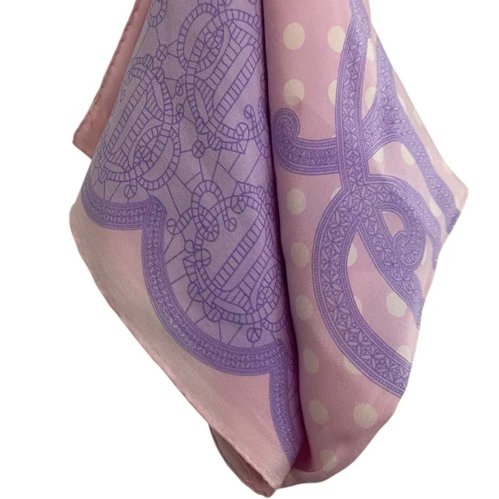 Auth. Christian Dior Pink & Lavender Silk Scarf Polka Dot & Logo Monogram Design